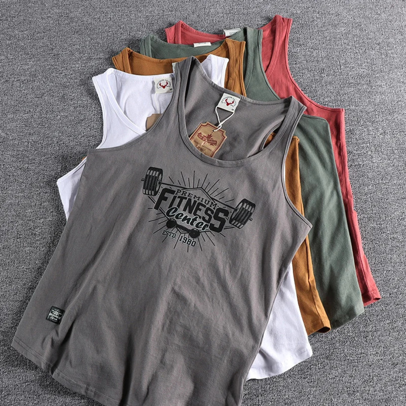 Summer American Retro Sleeveless Oneck Printed Tshirt Mens Fashion 100% Cotton Washed Old Casual Sports Vest Tops 240415