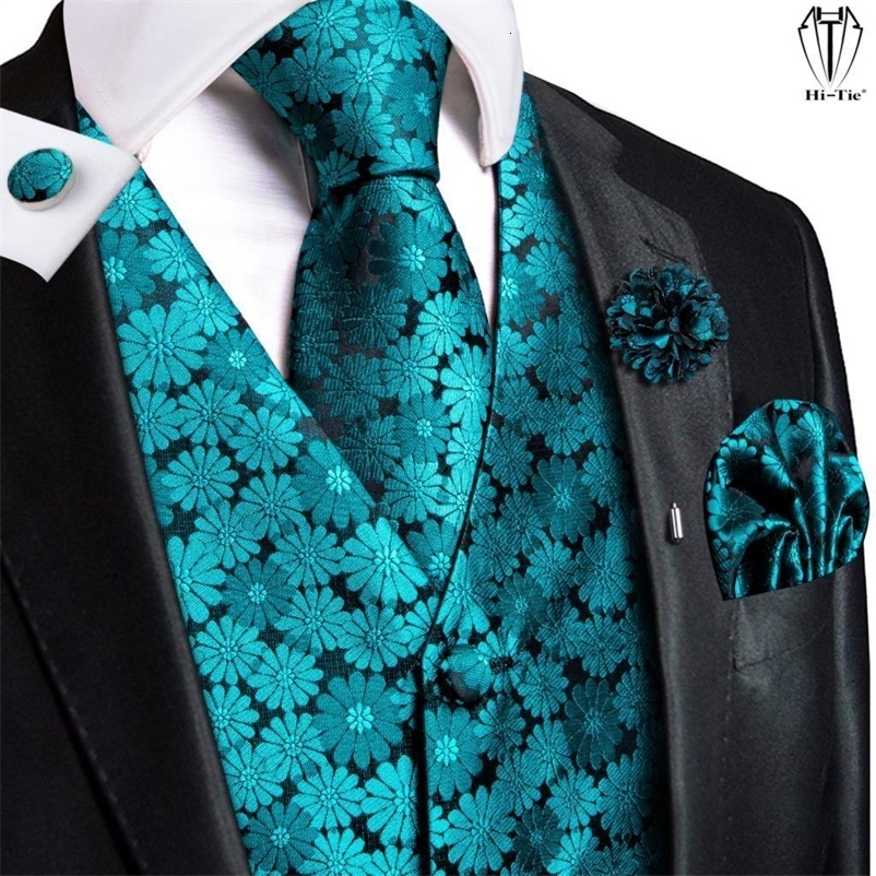 Men's Vests Hi-Tie High Quality Silk Mens Vests Teal Floral Jacquard Waistcoat Tie Hanky Cufflinks Brooch Set for Men Suit Wedding Office XL 23