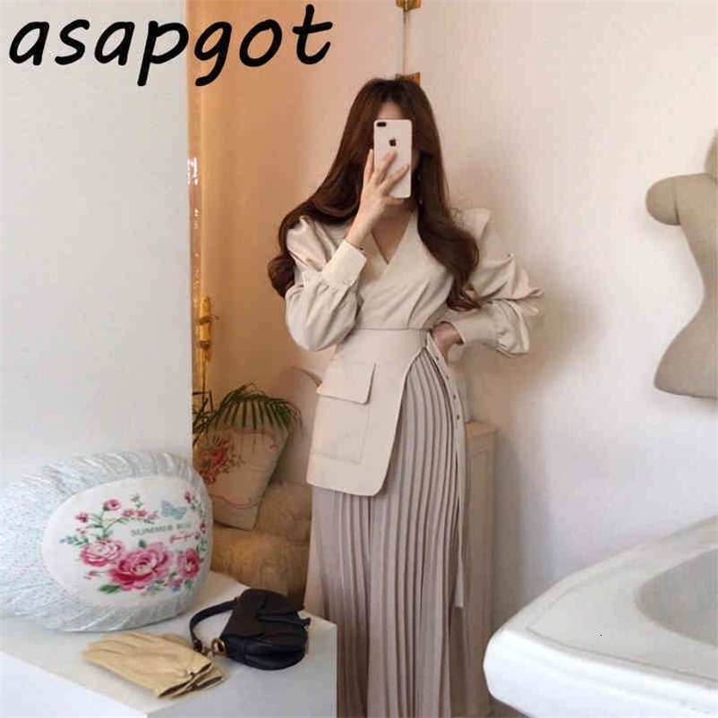 Dresses Chic Korean Temperament Elegant Slim High Waist V Neck Puff Long Sleeve Patchwork Pleated Dress Office Lady Vestidos 210429