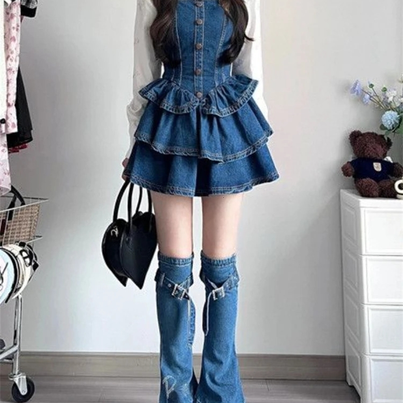 Autumn Camisole Jean Dress Sleeveless Denim Slim Vintage Y2k Mini Dress Women 3 Piece Dress Set Korean Fashion Clothing 240823
