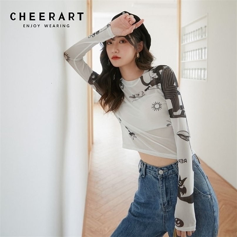 CHEERART White Mesh Top Long Sleeve Basic Tshirt Women Transparent Tight Top Vintage Printed Summer T Shirt Fashion 210322
