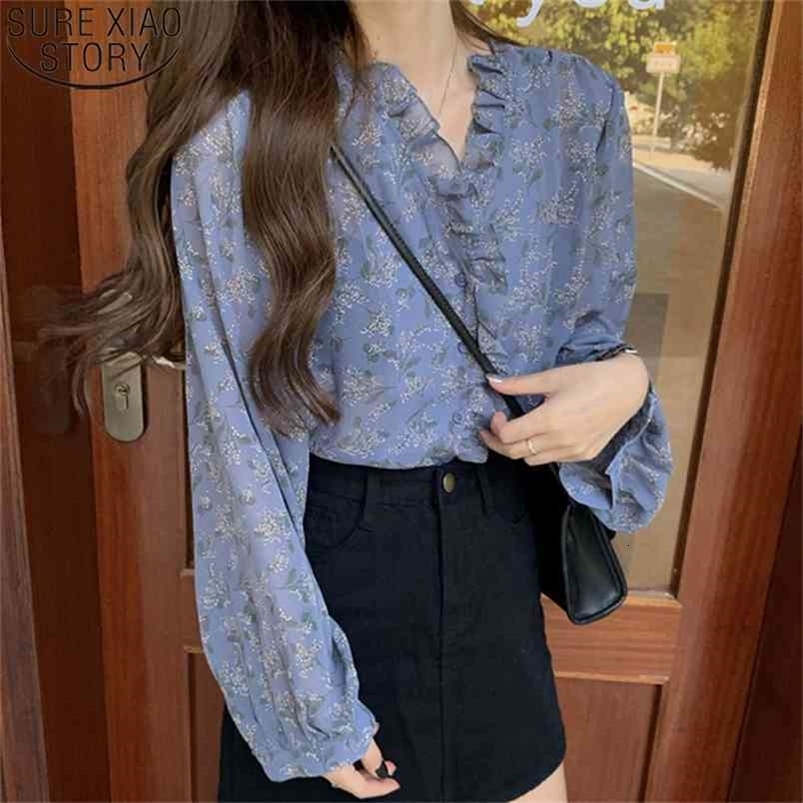 Sping and Autumn Long Sleeve Chiffon Print Shirts Women Casual Puff Tops Loose Short Length Cardigan Clothes Blusas 10314 210506