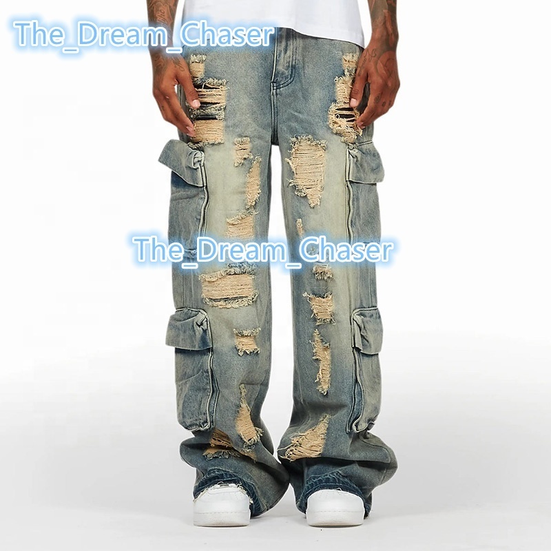 Fashion Men Plus Size Big Pocket Baggy Hop Hip Vintage Patchwork Custom Wide Leg High Quality Distressed Mens Denim Jeans