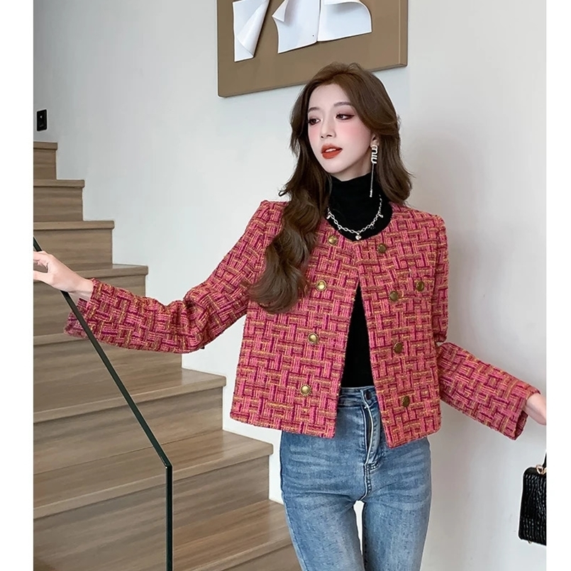 High Quality Elegant Weave Plaid Tweed Jacket Coat Women Blazer Autumn Winter Causal Office Ladies Fashion Suit Jacket 240828