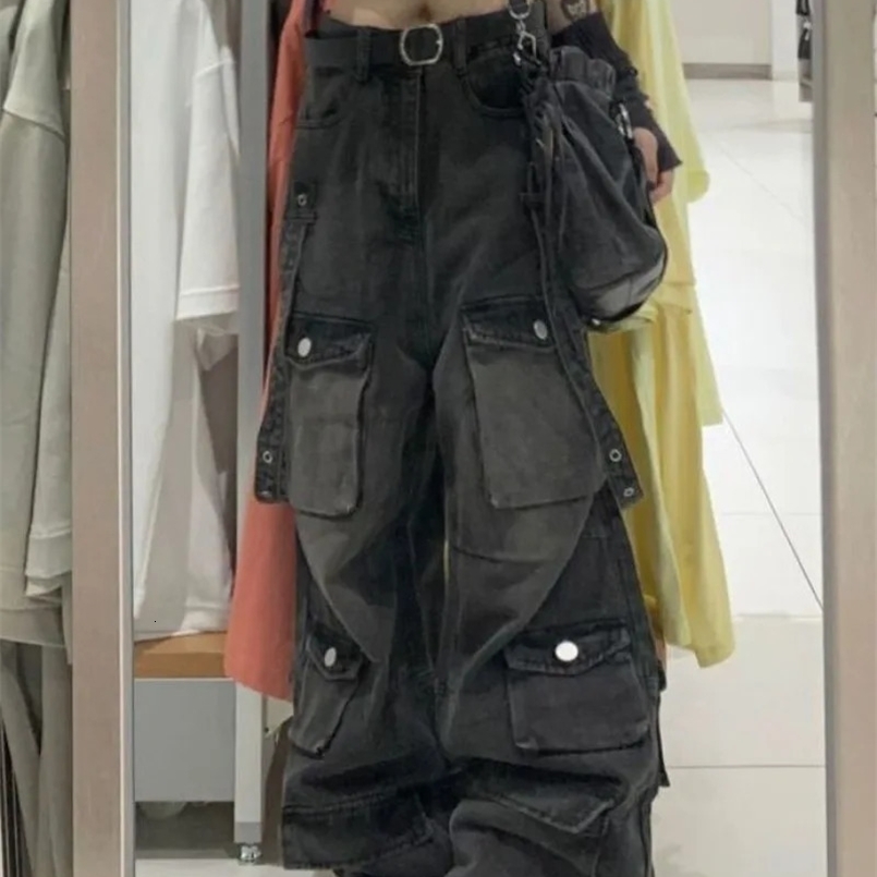 American Plus Size Washed Cargo Jeans Women Y2K Harajuku Hip Hop High Waisted Jeans Punk Casual Mopping Wide Leg Baggy Jeans 240816