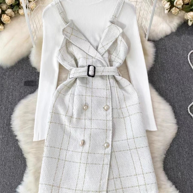 Small Fragrance Tweed Dress Sets Women Elegant Long Sleeve Bottoming Sweater Vintage Plaid Sling Dresses Office Lady Suits 240828