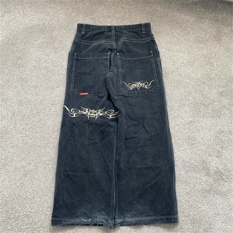 Streetwear Jeans Hip Hop Embroidered Retro Black Baggy Jeans Pants Mens Punk Harajuku Gothic High Waist Wide Trousers 240823