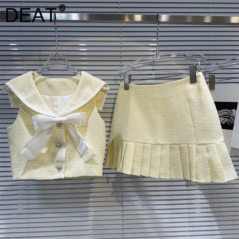 DEAT Summer Collection Tweed Bow Sailor Collar Vest High Waist Pleated Skirt Two-pieces Sets For Women Fashion 11XX9311 240823