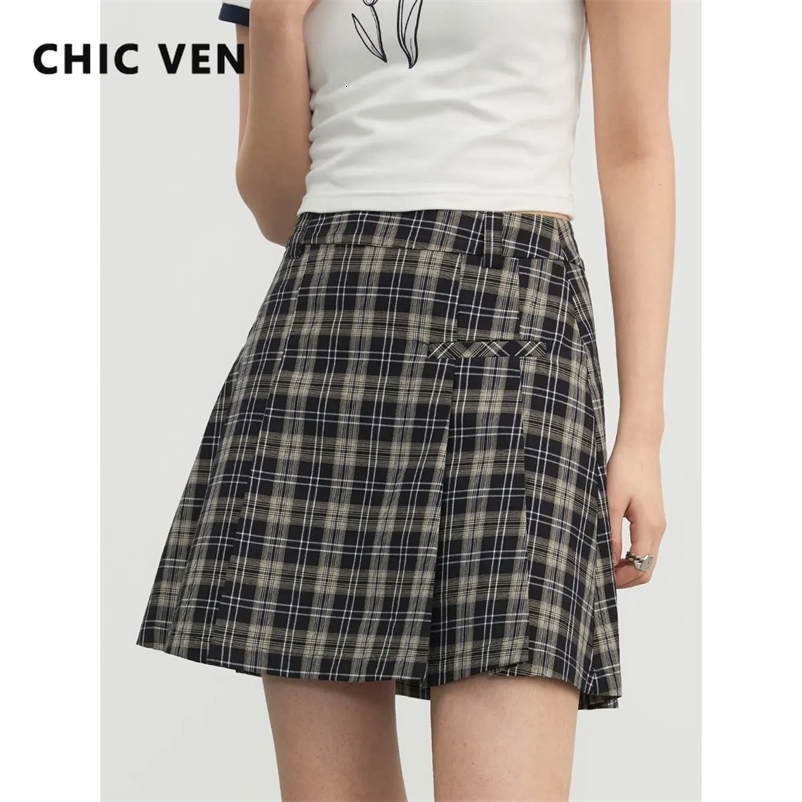 CHIC VEN Womens Mini Skirt Vintage Plaid Pleated A-line Skirt High Waisted Womens Clothing Preppy Spring Summer 240513