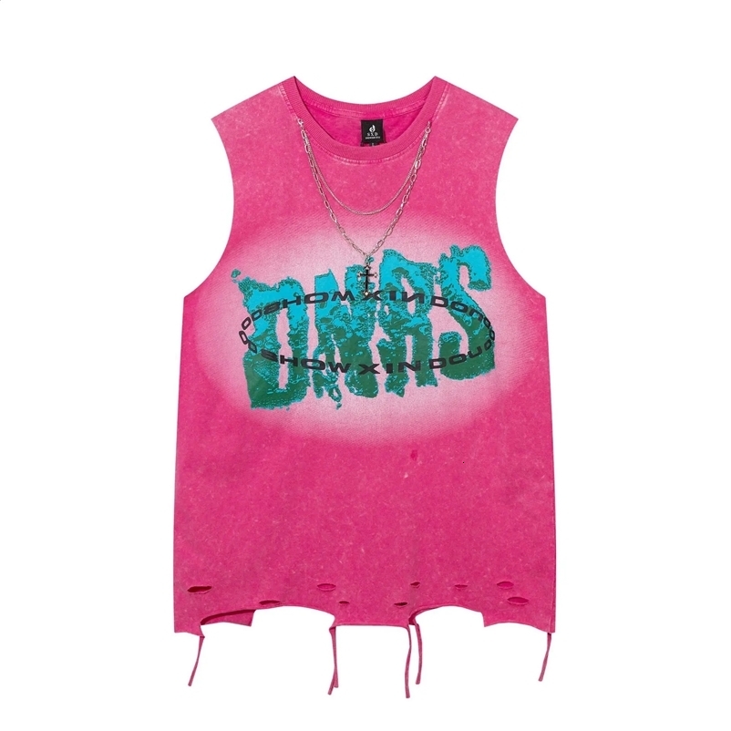 Summer Cross Necklace Sleeveless Tshirts Y2k European American Street Fashion Vest Mens Washed Distressed Cut Print Tops 250226