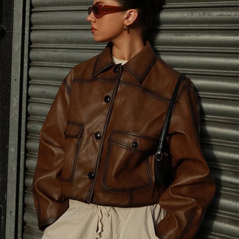 Vintage Brown Leather Jackets Women Casual Button Pockets Turn-down Collar Jacket Coat Female Autumn Retro Loose Street Outwear 241031