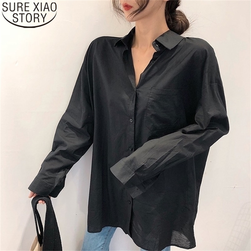 Women Blouse Cotton Black Long Shirt Button Up Korean Fashion Clothing Loose Ladies Tops Pocket s Blusas Mujer 13313 210506