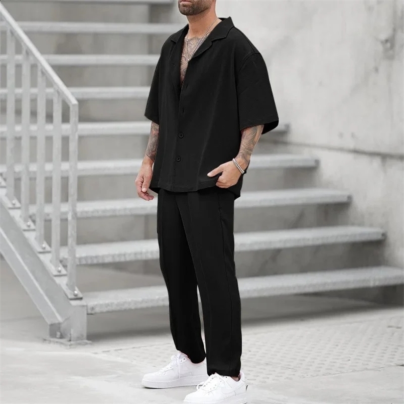 Spring And Summer Sports Mens Polo Casual Solid Color Loose Short-sleeved Drawstring Shorts Cardigan Sports Suit 240822