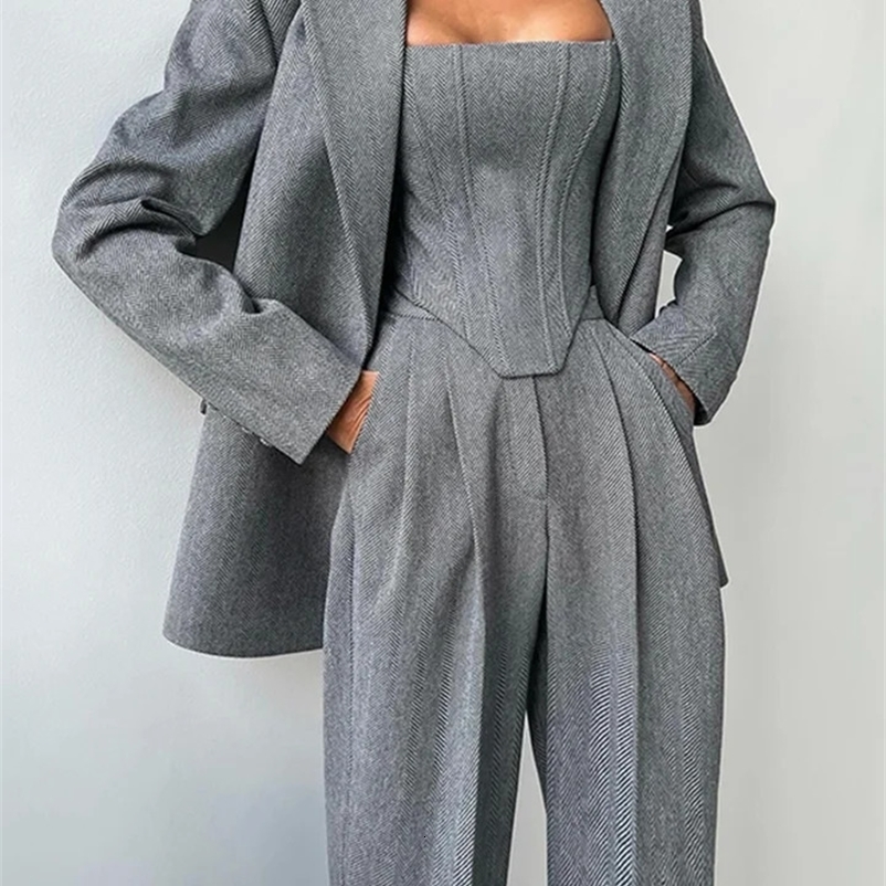 Casual Solid Womens Blazer Coats Pants 3 Pieces Sets Elegant Long Sleeve Coat Fishbone Top High Waist Wide Trousers Lady Suits 250118