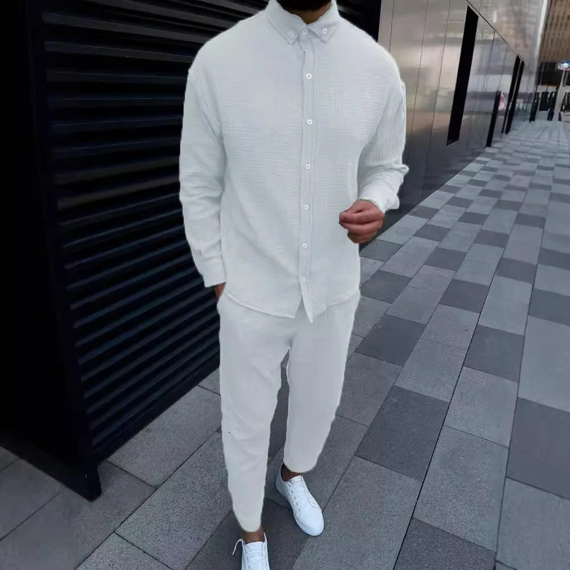 Autumn cotton casual long sleeved shirt and pants fashion set mens sSngle corset street 240903