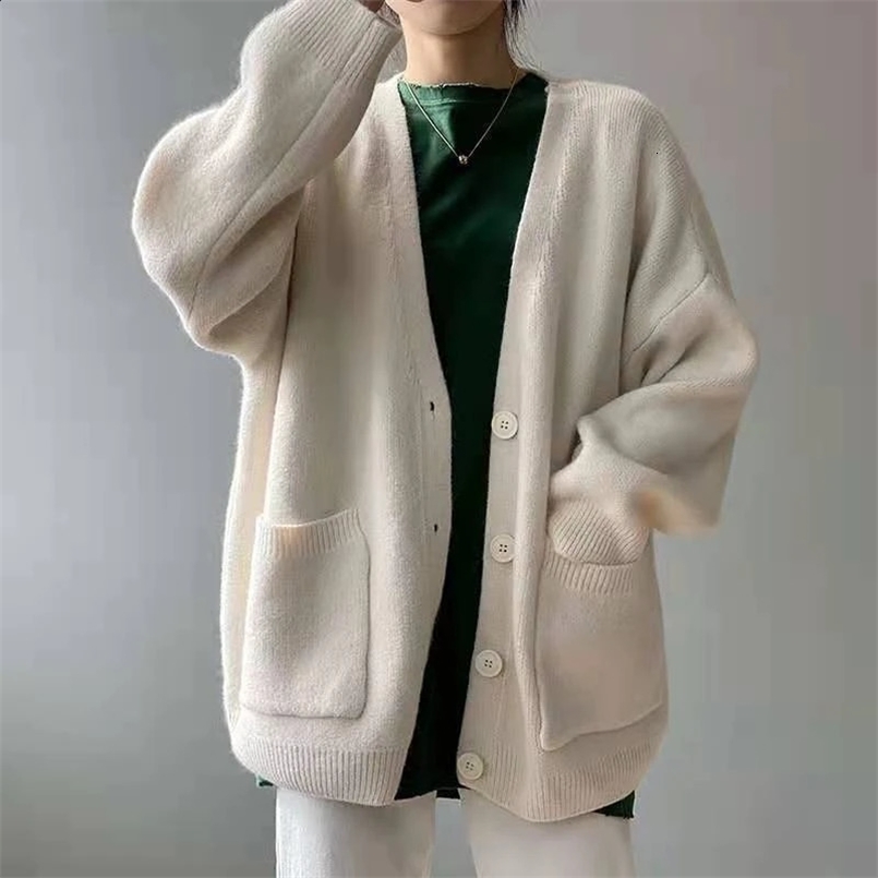 Womens Sweater Coat Autumn Korean Loose Solid Color Knitted Cardigan with Button V Neck Oversized Sweaters for Women 240830