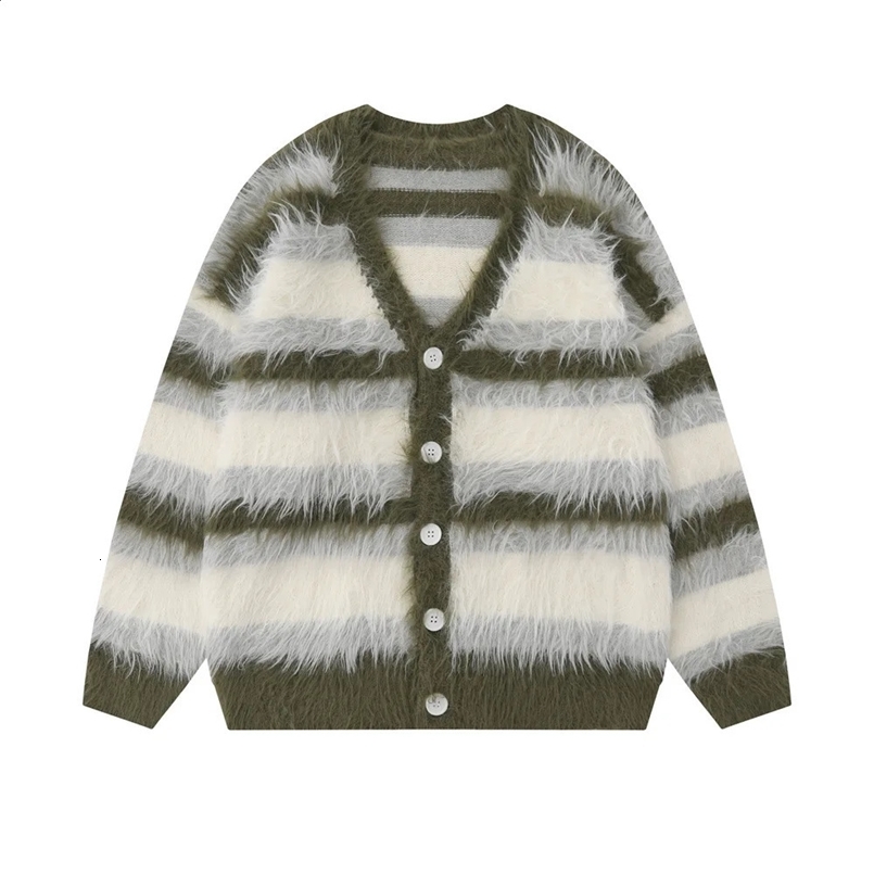 Striped plush V-neck sweater mens loose casual brushed knit fashionable couple casual comfortable Harajuku street cardigan 240824