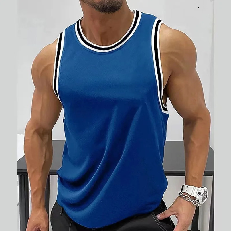 Mens Summer Gym Vest Street High Quality Sleeveless Tshirts For Men Tank Tops Workout Fitness Rib Stripe Edge Sport Clothing 240408