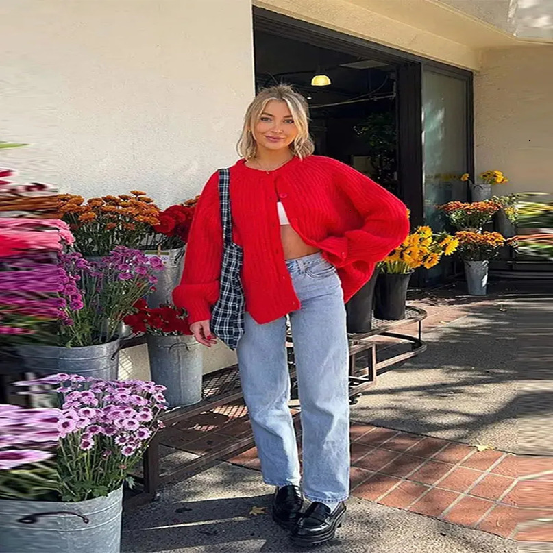 Oneck Single Breasted Cardigan Knitted Coat Women Spring Winter Casual Solid Color Long Sleeve Red Warm Sweater Coats 240712