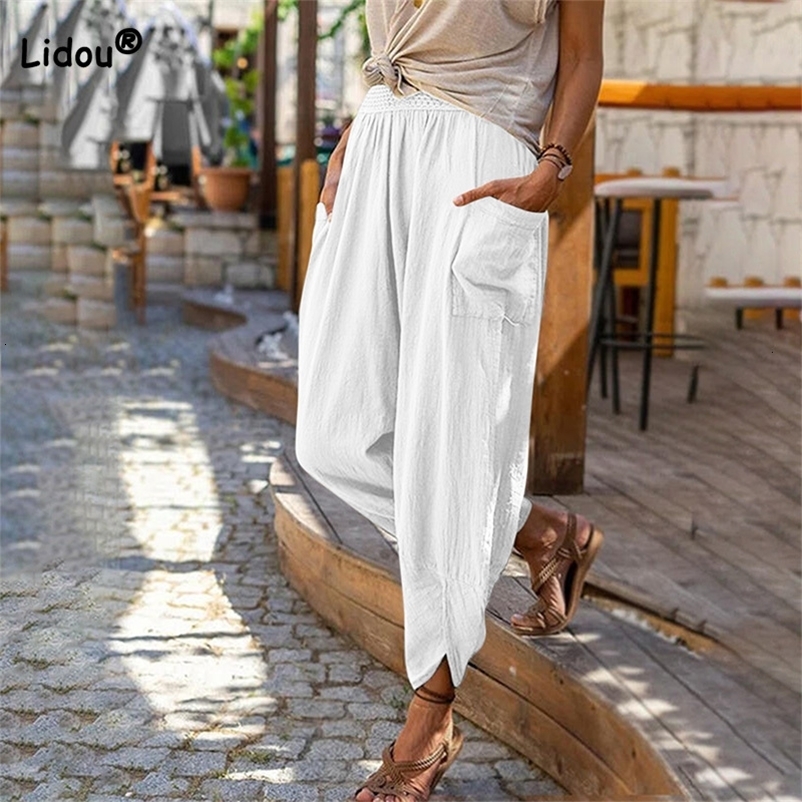 Women's Pants Capris Women For Spring Summer Fashion Solid Color Pockets Cotton Linen Casual Wide Leg Trousers Beach Loose Pencil Long Pants 23