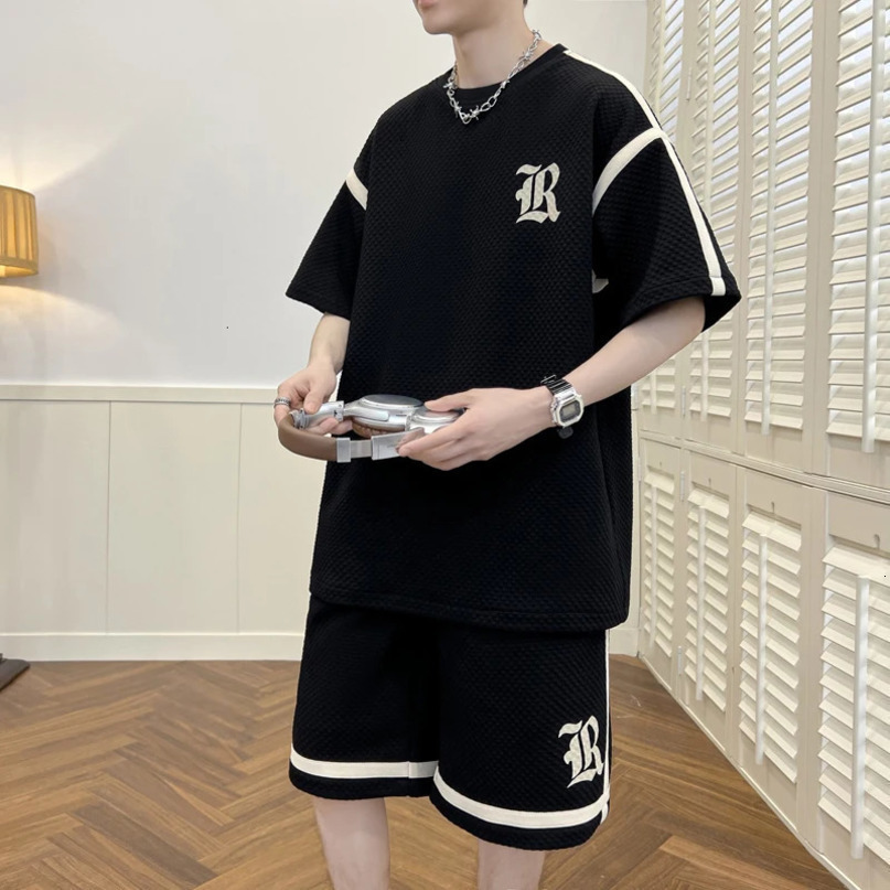 Casual Summer Two Pieces Mens Sets Solid Short Sleeve TShirt And Shorts Sports Outwear Tracksuits Loose Top Tees Pant Set 240409