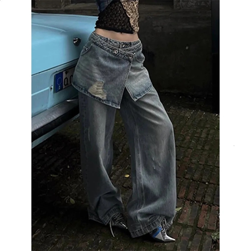 Summer Womens Casual Blue Harajuku Jeans Vintage Loose Fit Washed Pants Y2K Wide Leg Punk Baggy Pockets Denim Trouser 240723