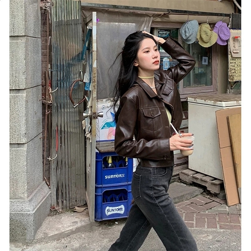 Retro Pu leather short sleeved jacket womens motorcycle cut jacket streetwear Korean spring and autumn brown casual full matching jacket 240824