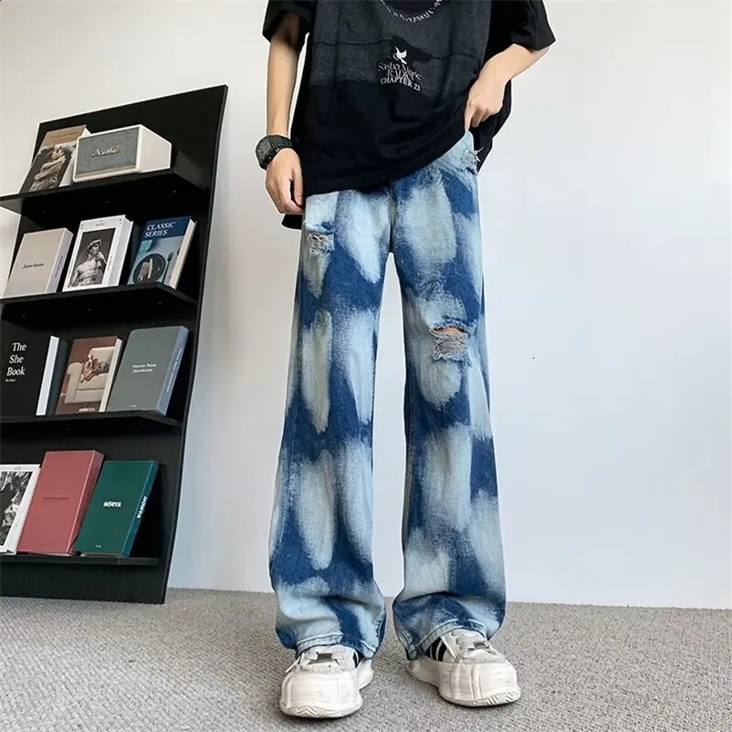 2000S clothing Y2K street clothing tie dye retro blue pocket torn jeans mens straight hip-hop jeans Trouser Ropa Hombre 241203