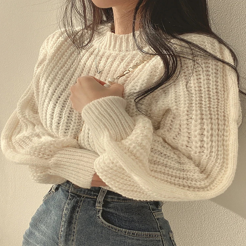 Vintage Harajuku Lantern Long Sleeve Women Sweater Casual Korean Autumn Winter Knitwear Soft Warm Tops Chic Solid Femme 240617