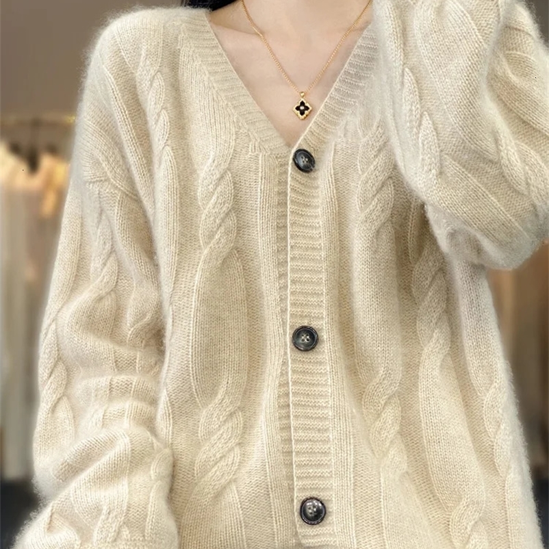 100% pure cashmere cardigan female V-neck twisted flower long sleeve thick knit coat sweater loose careless sweater top 240703