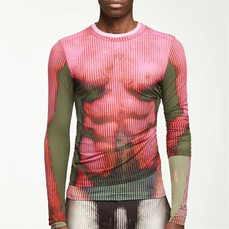 Mens Fashion Tie-dyed Pullover Spring Long-sleeve O-neck T-shirt For Men Casual Slim Trend Tights Tops Street Y2k Cyberpunk 240703
