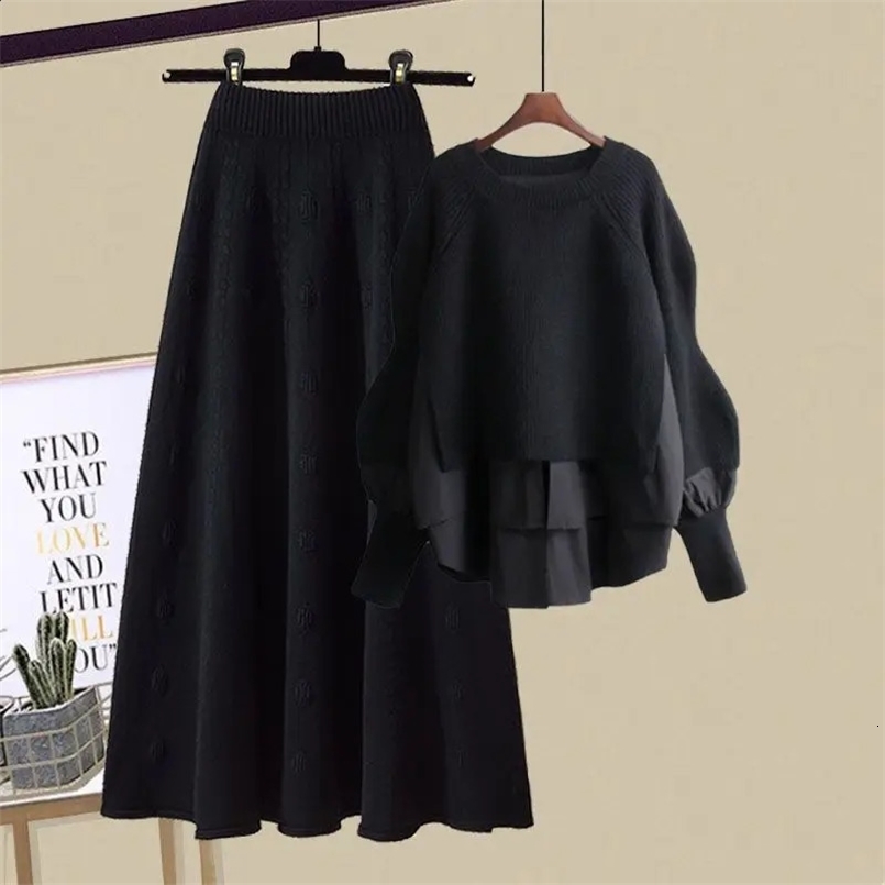 Autumn/Winter Korean Elegant Two Piece Knitted Sweater Dress Matching Set Womens Chic Skirt Set 240829