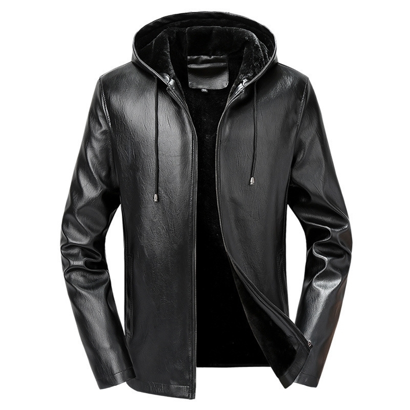 Men's Jackets Mens Leather Jacket Men's Winter Fleece Lined Warm Hooded PU Leather Jacket Coat Men Casual Thicken Motorcycle Outerwear Mal