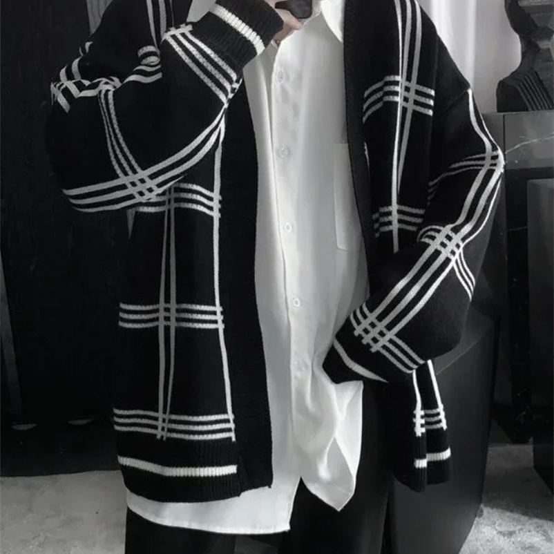Knitted Sweaters for Men V Neck Man Clothes Cardigan Plaid Black Y2k Streetwear Thick Winter Order Casual Korean Autumn Cotton S 240913