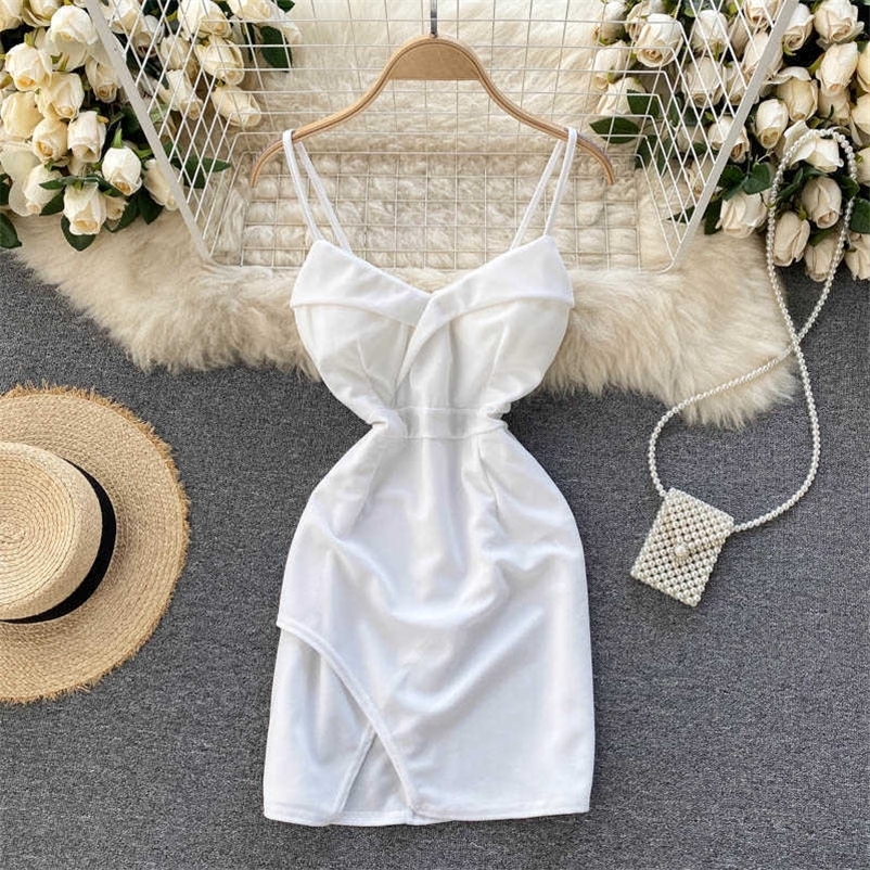 DEAT Women Sexy Open Back Split Buttocks Suspender Mini Dress Solid Color Sleeveless Fashion Spring Summer 11B311 210709