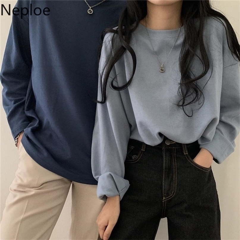 Neploe O Neck Long Sleeve Basic Bottom T Shirt Solid Loose Casual Tees Autumn Spring New Mutlicolor Ladies Top 48104 210322