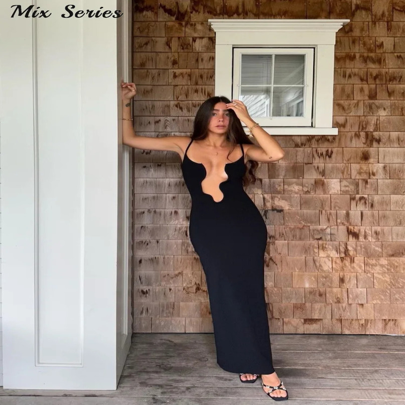 Hollow Out Wavy Edge Slip Dress Women Solid Sexy Sleeveless Bodycon Midi Dresses Ladies Spring Summer Beach Party Robes 240615