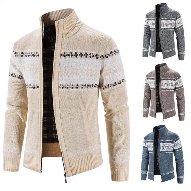 autumn and winter mens sweater color Christmas snowflake piece stand collar warm cardigan knitted mens jacket 241022