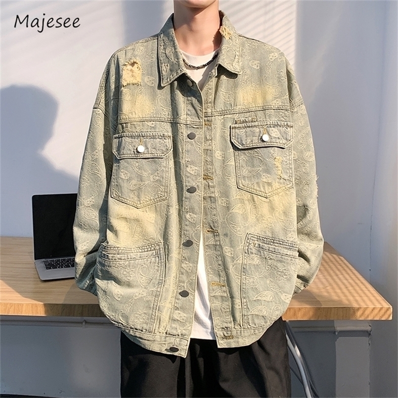 Denim Jackets Men Paisley Personality American Style Cozy Frayed Baggy Teenagers Hip Hop Lapel Outwear Chic Aesthetic 240830
