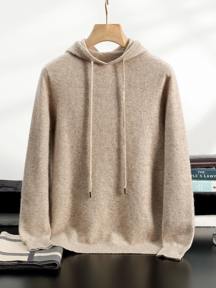 Mens Cashmere Sweater Hooded Pullover Thick Autumn Winter Long Sleeve 100% Cashmere Knitwear Solid Warm Casual High-end Clothes 250804