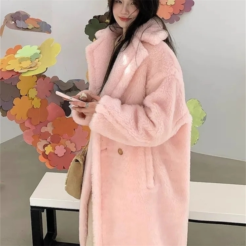 Women's Fur Faux Fur Women Winter Longer Faux Fur Warm Coat Vintage Long Sleeve Female Thick Teddy Bear Coat Casual Loose Oversize Pink Outwear