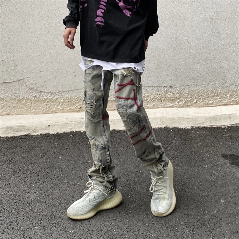 Vintage Distressed Hip Hop Slim Fit Jeans American Style Streetwear For Men Loose Fit Ripped Patched Denim Trousers 240829