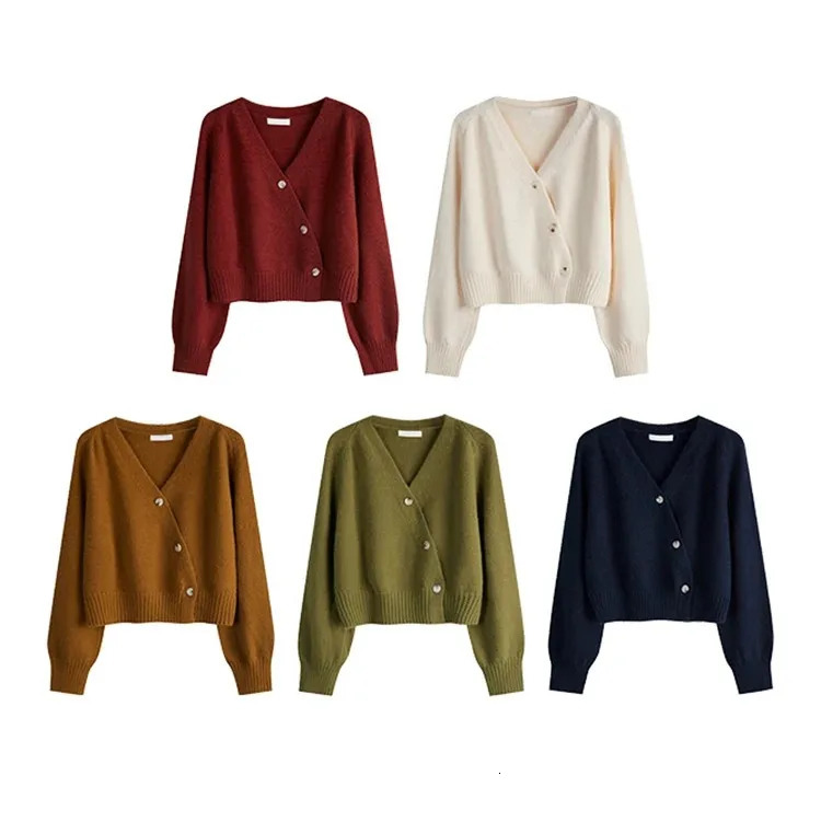 Korean version of womens autumn and winter knitted cardigan diagonal Vneck womens longsleeved singlebreasted sweater 250917Z