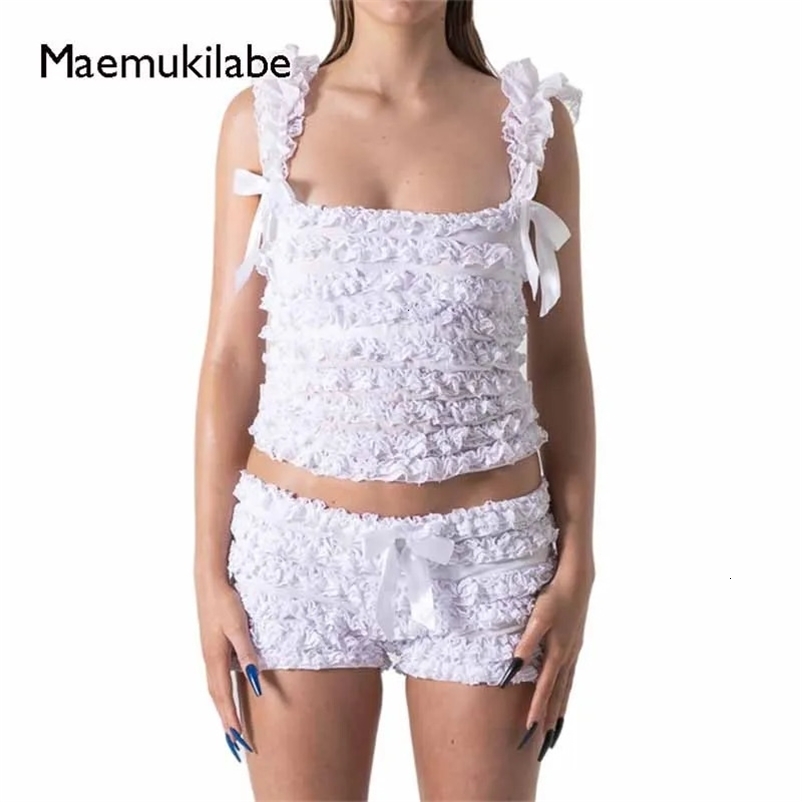 Maemukilabe Ruffles 2 Piece Set Bow Lace Trim Crop Tops Vest Slim Fit Bloomers Shorts Vintage Y2K Fairy Kawaii Mathing Outfits 240704