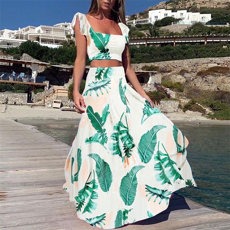 Two Piece Dress Printed Slim Navel Suit Casual Boho Holiday Two-piece Set Summer Sexy Slash Neck Sleeveless TopLong Skirt Women Beach Outfits 230428