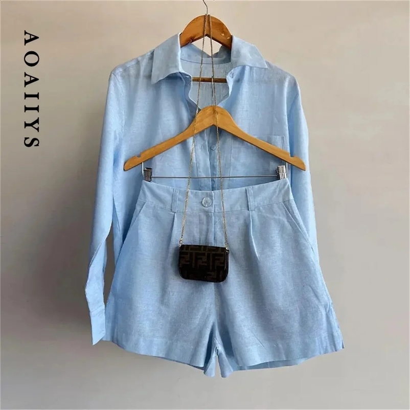 Aoaiys short sleeved womens shirt long sleeved cotton linen loose shirt high waisted short sleeved summer set 2-piece set womens clothing 250317