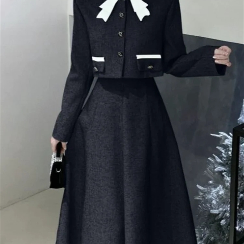 Autumn Vintage Elegant 2 Piece Dress Set Women Korean Fashion Casual Party Suits Female Chic Long Sleeve Tops Solid Skirt 240919