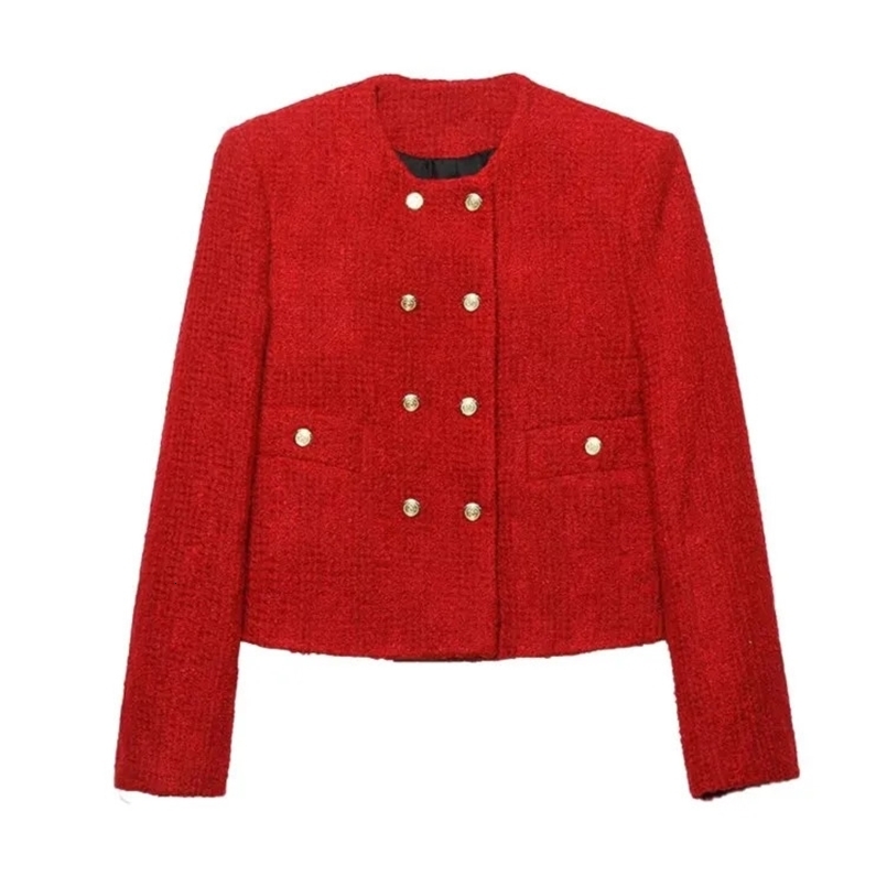TRAF Elegant Women Tweed Jacket Spring Wrist Sleeve Metal Buttons Blazer Cardigan Female Crop Top Y2K Short Coat 240828