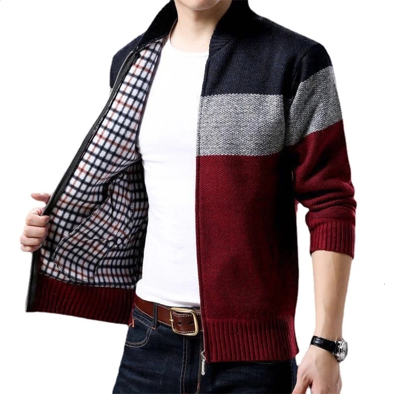 Men's Sweaters Spring Winter Men's Cardigan Single-Breasted Fashion Knit Plus Size Sweater Stitching Colorblock Stand Collar Coats Jackets