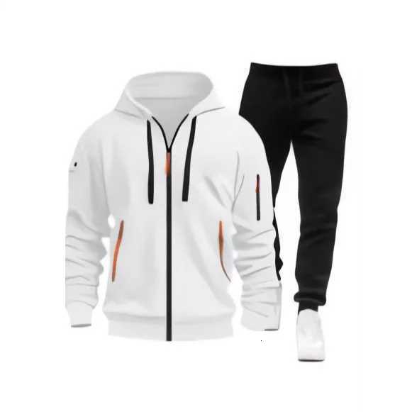 New Mens Fleece Hooded Zipper Sweatshirt Casual Sports Set Warm and Windproof Autumn Winter Twopiece Set for Mens ClothingXJ250924